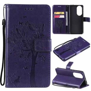For Huawei P50 Tree & Cat Pattern Pressed Printing Horizontal Flip PU Leather Case with Holder & Card Slots & Wallet & Lanyard(Purple)