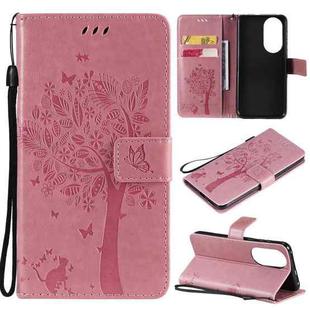 For Huawei P50 Tree & Cat Pattern Pressed Printing Horizontal Flip PU Leather Case with Holder & Card Slots & Wallet & Lanyard(Pink)