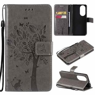 For Huawei P50 Tree & Cat Pattern Pressed Printing Horizontal Flip PU Leather Case with Holder & Card Slots & Wallet & Lanyard(Grey)