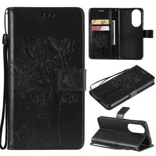 For Huawei P50 Tree & Cat Pattern Pressed Printing Horizontal Flip PU Leather Case with Holder & Card Slots & Wallet & Lanyard(Black)