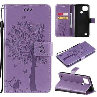 For OPPO Realme C21 / C20 Tree & Cat Pattern Pressed Printing Horizontal Flip PU Leather Case with Holder & Card Slots & Wallet & Lanyard(Light Purple)