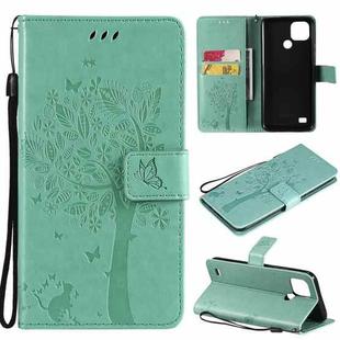 For OPPO Realme C21 / C20 Tree & Cat Pattern Pressed Printing Horizontal Flip PU Leather Case with Holder & Card Slots & Wallet & Lanyard(Green)