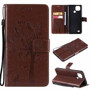 For OPPO Realme C21 / C20 Tree & Cat Pattern Pressed Printing Horizontal Flip PU Leather Case with Holder & Card Slots & Wallet & Lanyard(Coffee)