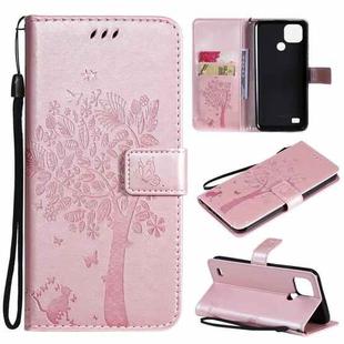 For OPPO Realme C21 / C20 Tree & Cat Pattern Pressed Printing Horizontal Flip PU Leather Case with Holder & Card Slots & Wallet & Lanyard(Rose Gold)