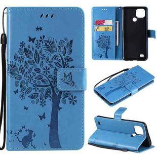 For OPPO Realme C21 / C20 Tree & Cat Pattern Pressed Printing Horizontal Flip PU Leather Case with Holder & Card Slots & Wallet & Lanyard(Blue)
