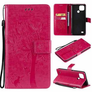 For OPPO Realme C21 / C20 Tree & Cat Pattern Pressed Printing Horizontal Flip PU Leather Case with Holder & Card Slots & Wallet & Lanyard(Rose Red)
