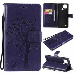 For OPPO Realme C21 / C20 Tree & Cat Pattern Pressed Printing Horizontal Flip PU Leather Case with Holder & Card Slots & Wallet & Lanyard(Purple)