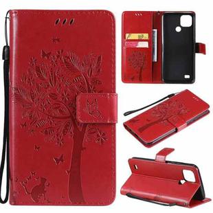 For OPPO Realme C21 / C20 Tree & Cat Pattern Pressed Printing Horizontal Flip PU Leather Case with Holder & Card Slots & Wallet & Lanyard(Red)