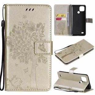 For OPPO Realme C21 / C20 Tree & Cat Pattern Pressed Printing Horizontal Flip PU Leather Case with Holder & Card Slots & Wallet & Lanyard(Gold)