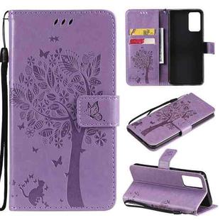 For OPPO Reno6 5G Tree & Cat Pattern Pressed Printing Horizontal Flip PU Leather Case with Holder & Card Slots & Wallet & Lanyard(Light Purple)