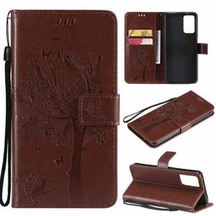 For OPPO Reno6 5G Tree & Cat Pattern Pressed Printing Horizontal Flip PU Leather Case with Holder & Card Slots & Wallet & Lanyard(Coffee)