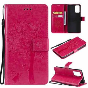 For OPPO Reno6 5G Tree & Cat Pattern Pressed Printing Horizontal Flip PU Leather Case with Holder & Card Slots & Wallet & Lanyard(Rose Red)
