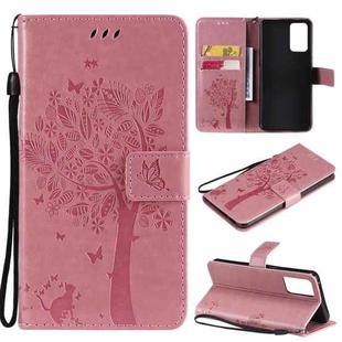 For OPPO Reno6 5G Tree & Cat Pattern Pressed Printing Horizontal Flip PU Leather Case with Holder & Card Slots & Wallet & Lanyard(Pink)