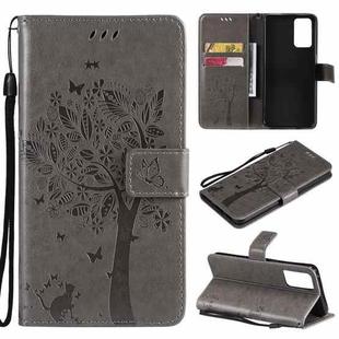 For OPPO Reno6 5G Tree & Cat Pattern Pressed Printing Horizontal Flip PU Leather Case with Holder & Card Slots & Wallet & Lanyard(Grey)