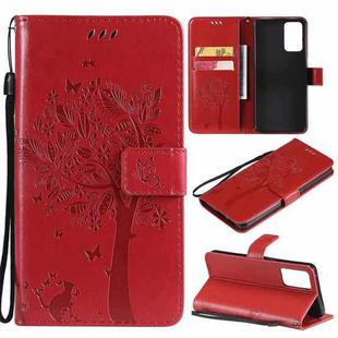 For OPPO Reno6 5G Tree & Cat Pattern Pressed Printing Horizontal Flip PU Leather Case with Holder & Card Slots & Wallet & Lanyard(Red)