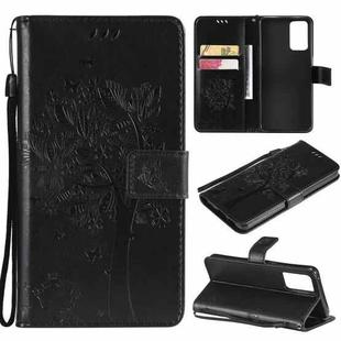 For OPPO Reno6 5G Tree & Cat Pattern Pressed Printing Horizontal Flip PU Leather Case with Holder & Card Slots & Wallet & Lanyard(Black)