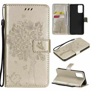 For OPPO Reno6 5G Tree & Cat Pattern Pressed Printing Horizontal Flip PU Leather Case with Holder & Card Slots & Wallet & Lanyard(Gold)