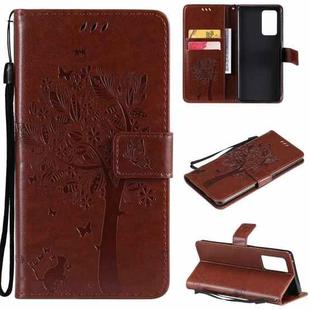 For OPPO Reno6 Pro 5G Tree & Cat Pattern Pressed Printing Horizontal Flip PU Leather Case with Holder & Card Slots & Wallet & Lanyard(Coffee)