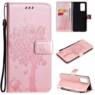 For OPPO Reno6 Pro 5G Tree & Cat Pattern Pressed Printing Horizontal Flip PU Leather Case with Holder & Card Slots & Wallet & Lanyard(Rose Gold)