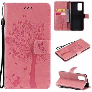 For OPPO Reno6 Pro 5G Tree & Cat Pattern Pressed Printing Horizontal Flip PU Leather Case with Holder & Card Slots & Wallet & Lanyard(Pink)