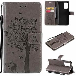 For OPPO Reno6 Pro 5G Tree & Cat Pattern Pressed Printing Horizontal Flip PU Leather Case with Holder & Card Slots & Wallet & Lanyard(Grey)
