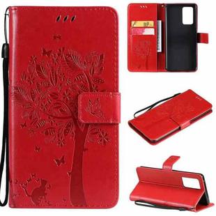 For OPPO Reno6 Pro 5G Tree & Cat Pattern Pressed Printing Horizontal Flip PU Leather Case with Holder & Card Slots & Wallet & Lanyard(Red)