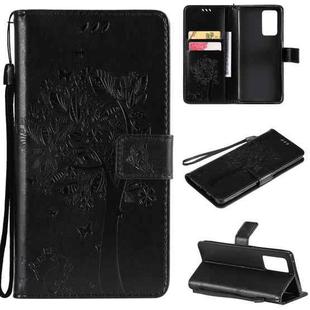 For OPPO Reno6 Pro 5G Tree & Cat Pattern Pressed Printing Horizontal Flip PU Leather Case with Holder & Card Slots & Wallet & Lanyard(Black)