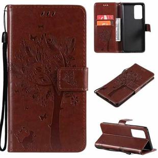 For OPPO Reno6 Pro+ 5G Tree & Cat Pattern Pressed Printing Horizontal Flip PU Leather Case with Holder & Card Slots & Wallet & Lanyard(Coffee)