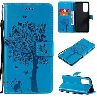 For OPPO Reno6 Pro+ 5G Tree & Cat Pattern Pressed Printing Horizontal Flip PU Leather Case with Holder & Card Slots & Wallet & Lanyard(Blue)