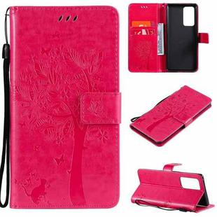 For OPPO Reno6 Pro+ 5G Tree & Cat Pattern Pressed Printing Horizontal Flip PU Leather Case with Holder & Card Slots & Wallet & Lanyard(Rose Red)
