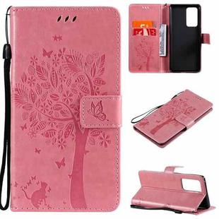 For OPPO Reno6 Pro+ 5G Tree & Cat Pattern Pressed Printing Horizontal Flip PU Leather Case with Holder & Card Slots & Wallet & Lanyard(Pink)