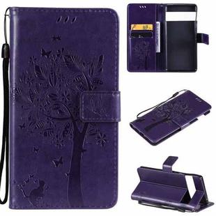 For Google Pixel 6 Pro Tree & Cat Embossed Pattern Horizontal Flip Leather Case with Holder & Card Slots & Wallet & Lanyard(Purple)