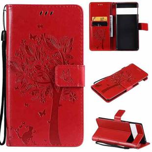 For Google Pixel 6 Pro Tree & Cat Embossed Pattern Horizontal Flip Leather Case with Holder & Card Slots & Wallet & Lanyard(Red)