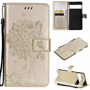 For Google Pixel 6 Pro Tree & Cat Embossed Pattern Horizontal Flip Leather Case with Holder & Card Slots & Wallet & Lanyard(Gold)