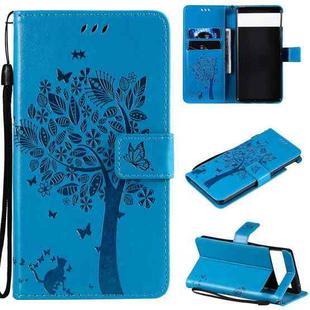 For Google Pixel 6 Tree & Cat Embossed Pattern Horizontal Flip Leather Case with Holder & Card Slots & Wallet & Lanyard(Blue)