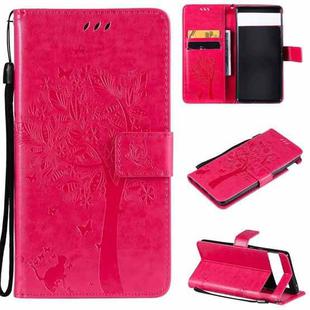 For Google Pixel 6 Tree & Cat Embossed Pattern Horizontal Flip Leather Case with Holder & Card Slots & Wallet & Lanyard(Rose Red)