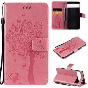 For Google Pixel 6 Tree & Cat Embossed Pattern Horizontal Flip Leather Case with Holder & Card Slots & Wallet & Lanyard(Pink)