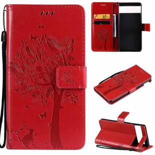 For Google Pixel 6 Tree & Cat Embossed Pattern Horizontal Flip Leather Case with Holder & Card Slots & Wallet & Lanyard(Red)