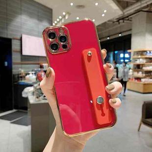 For iPhone 11 Pro 6D Pure Color Plating Protective Case with Wristband & Holder (Rose Red)