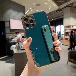 For iPhone 11 Pro Max 6D Pure Color Plating Protective Case with Wristband & Holder (Dark Green)