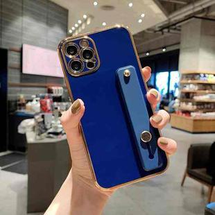 For iPhone 11 Pro Max 6D Pure Color Plating Protective Case with Wristband & Holder (Dark Blue)