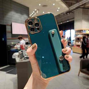 For iPhone 12 Pro 6D Pure Color Plating Protective Case with Wristband & Holder(Dark Green)