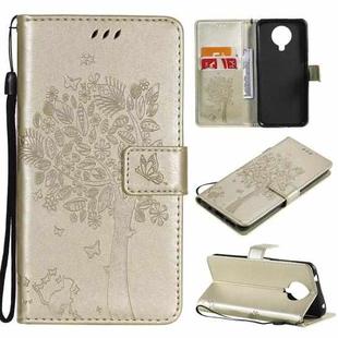 For Nokia 6.3 Tree & Cat Pattern Pressed Printing Horizontal Flip PU Leather Case with Holder & Card Slots & Wallet & Lanyard(Gold)