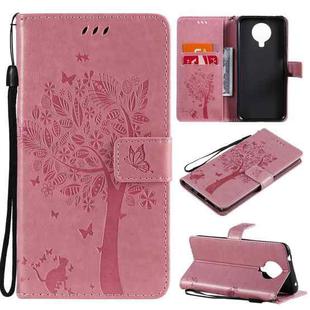 For Nokia 6.3 Tree & Cat Pattern Pressed Printing Horizontal Flip PU Leather Case with Holder & Card Slots & Wallet & Lanyard(Pink)