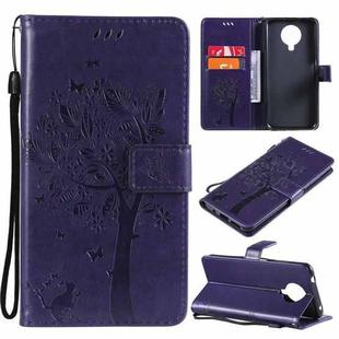 For Nokia 6.3 Tree & Cat Pattern Pressed Printing Horizontal Flip PU Leather Case with Holder & Card Slots & Wallet & Lanyard(Purple)