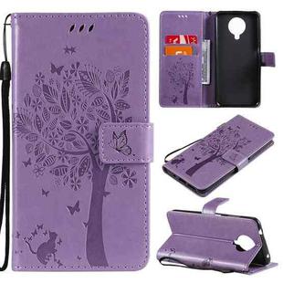 For Nokia 6.3 Tree & Cat Pattern Pressed Printing Horizontal Flip PU Leather Case with Holder & Card Slots & Wallet & Lanyard(Lavender)