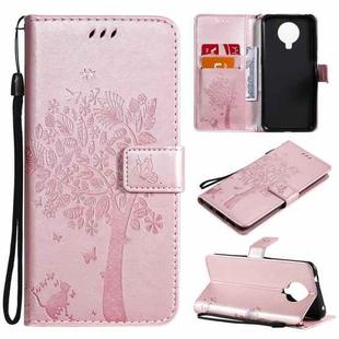 For Nokia G10 Tree & Cat Pattern Pressed Printing Horizontal Flip PU Leather Case with Holder & Card Slots & Wallet & Lanyard(Rose gold)