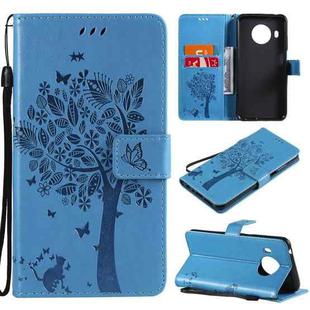For Nokia X20 Tree & Cat Pattern Pressed Printing Horizontal Flip PU Leather Case with Holder & Card Slots & Wallet & Lanyard(Blue)
