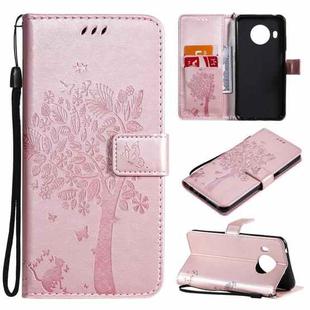 For Nokia X20 Tree & Cat Pattern Pressed Printing Horizontal Flip PU Leather Case with Holder & Card Slots & Wallet & Lanyard(Rose gold)