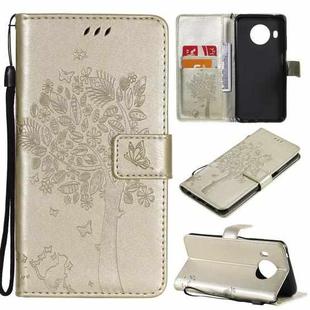 For Nokia X10 Tree & Cat Pattern Pressed Printing Horizontal Flip PU Leather Case with Holder & Card Slots & Wallet & Lanyard(Gold)